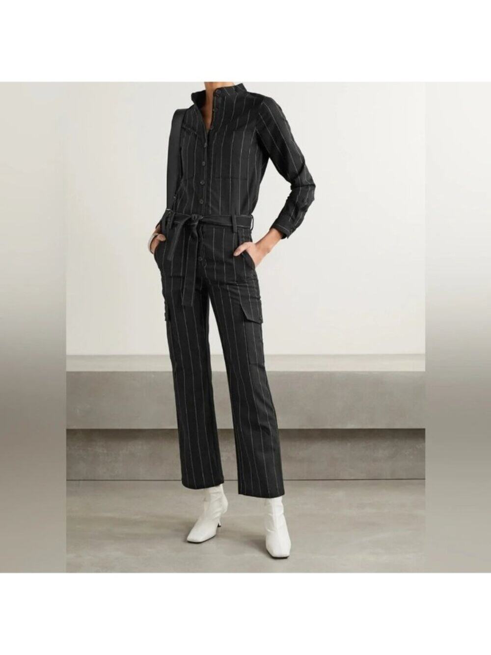 The Range Pinstriped Crepe Jumpsuit In Black TH6P04QS Medium NWT